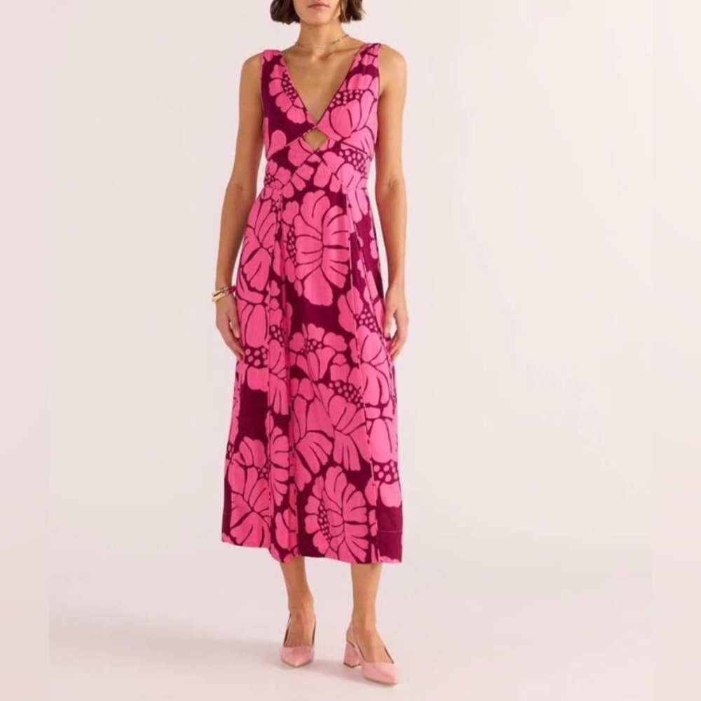 MinkPink Persephone Panel Midi Dress Pink Floral Linen Blend Size M Cutout